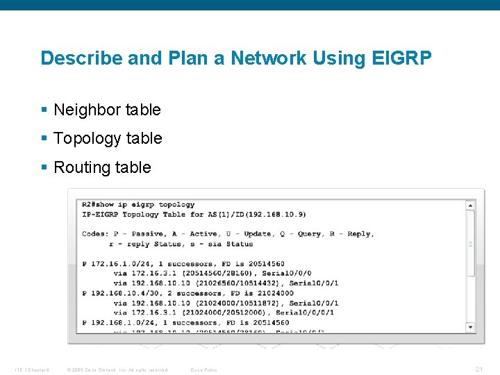 Describe and Plan a Network Using EIGRP § Neighbor table § Topology table §