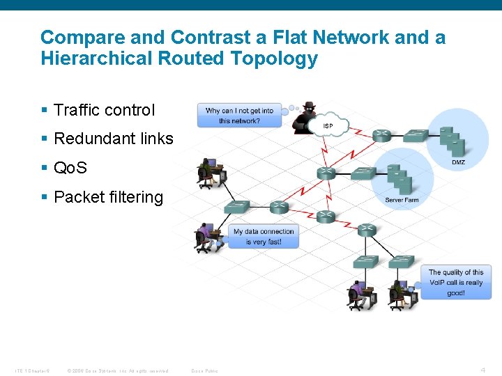 Compare and Contrast a Flat Network and a Hierarchical Routed Topology § Traffic control