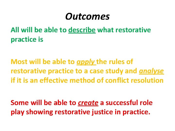 Outcomes All will be able to describe what restorative practice is Most will be