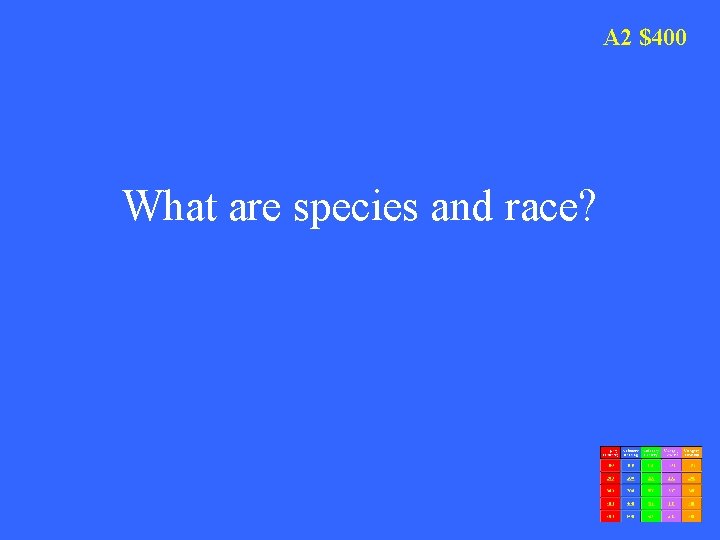 A 2 $400 What are species and race? 