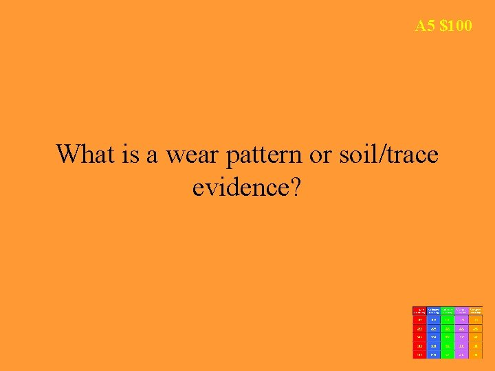 A 5 $100 What is a wear pattern or soil/trace evidence? 