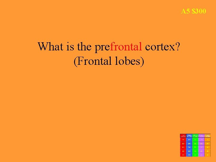 A 5 $300 What is the prefrontal cortex? (Frontal lobes) 