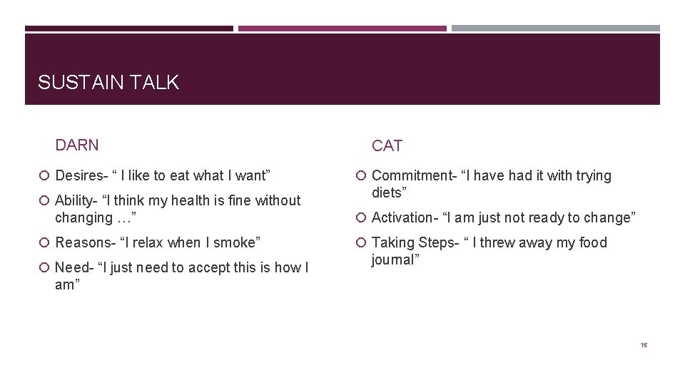 SUSTAIN TALK DARN Desires- “ I like to eat what I want” Ability- “I