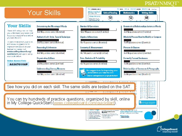 Your Skills See how you did on each skill. The same skills are tested