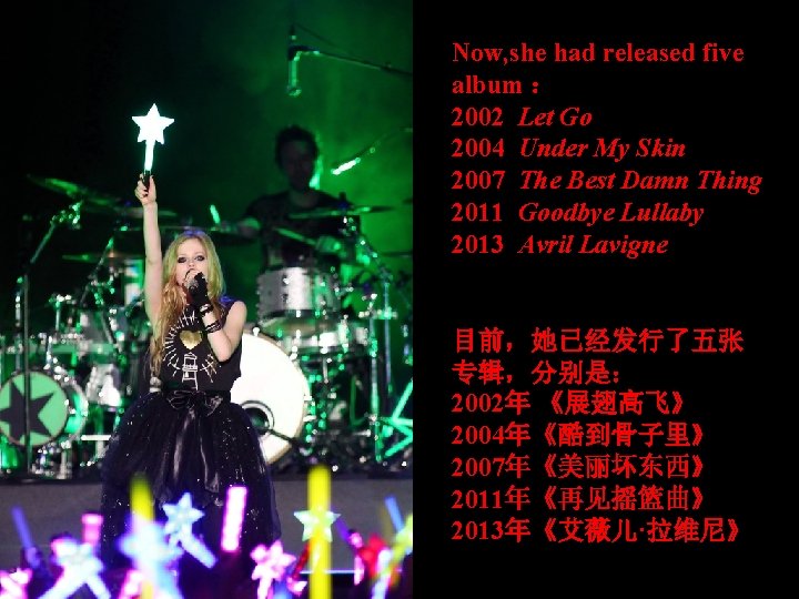 Now, she had released five album ： 2002 Let Go 2004 Under My Skin