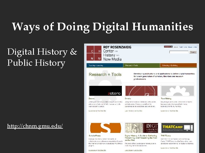 Ways of Doing Digital Humanities Digital History & Public History http: //chnm. gmu. edu/