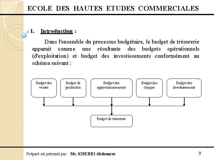 ECOLE DES HAUTES ETUDES COMMERCIALES 1. Introduction : Dans l'ensemble du processus budgétaire, le