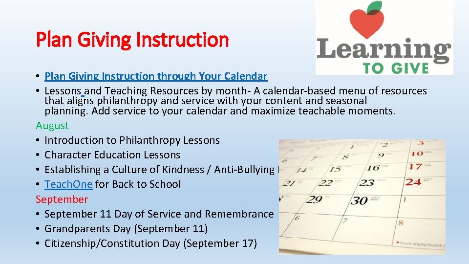 Plan Giving Instruction • Plan Giving Instruction through Your Calendar • Lessons and Teaching Plan Giving Instruction • Plan Giving Instruction through Your Calendar • Lessons and Teaching