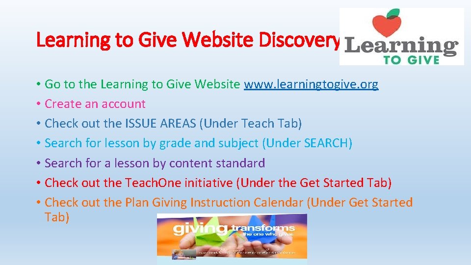 Learning to Give Website Discovery • Go to the Learning to Give Website www.