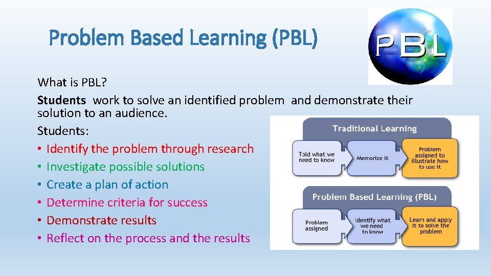 Problem Based Learning (PBL) What is PBL? Students work to solve an identified problem