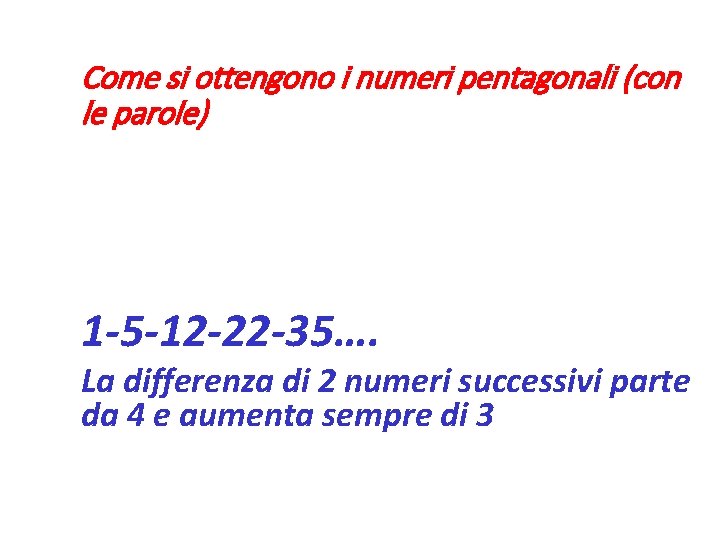 Come si ottengono i numeri pentagonali (con le parole) 1 -5 -12 -22 -35….