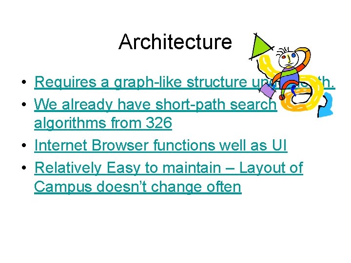 Architecture • Requires a graph-like structure underneath. • We already have short-path search algorithms