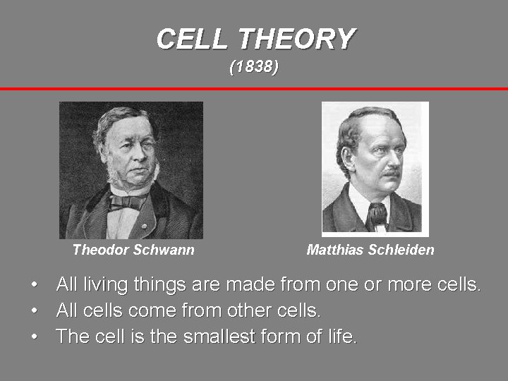 CELL THEORY (1838) Theodor Schwann Matthias Schleiden • All living things are made from