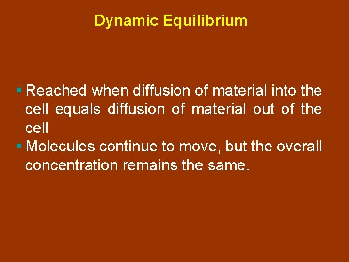 Dynamic Equilibrium § Reached when diffusion of material into the cell equals diffusion of Dynamic Equilibrium § Reached when diffusion of material into the cell equals diffusion of