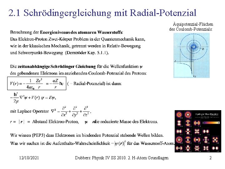 2. 1 Schrödingergleichung mit Radial-Potenzial Äquipotenzial-Flächen des Coulomb-Potenzials: 12/18/2021 Dubbers: Physik IV SS 2010.