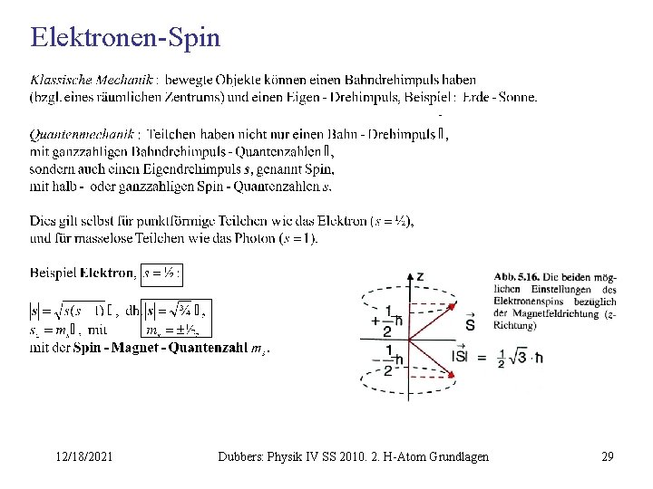 Elektronen-Spin 12/18/2021 Dubbers: Physik IV SS 2010. 2. H-Atom Grundlagen 29 