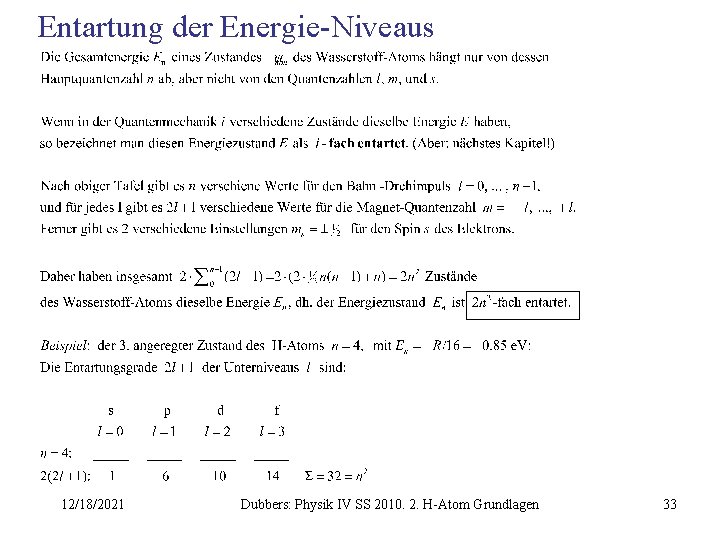 Entartung der Energie-Niveaus 12/18/2021 Dubbers: Physik IV SS 2010. 2. H-Atom Grundlagen 33 