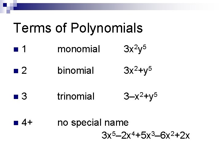 Terms of Polynomials n 1 monomial 3 x 2 y 5 n 2 binomial