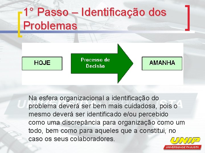 1° Passo – Identificação dos Problemas Na esfera organizacional a identificação do problema deverá