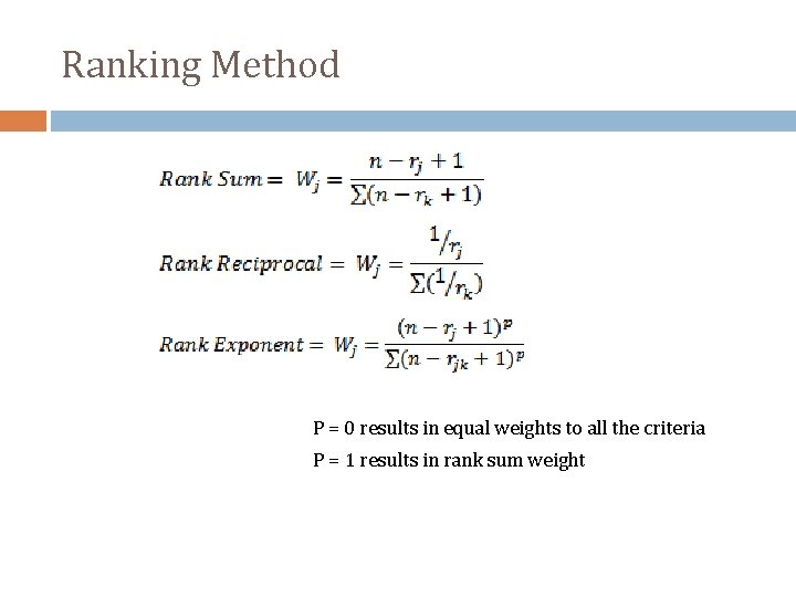 Ranking Method P = 0 results in equal weights to all the criteria P