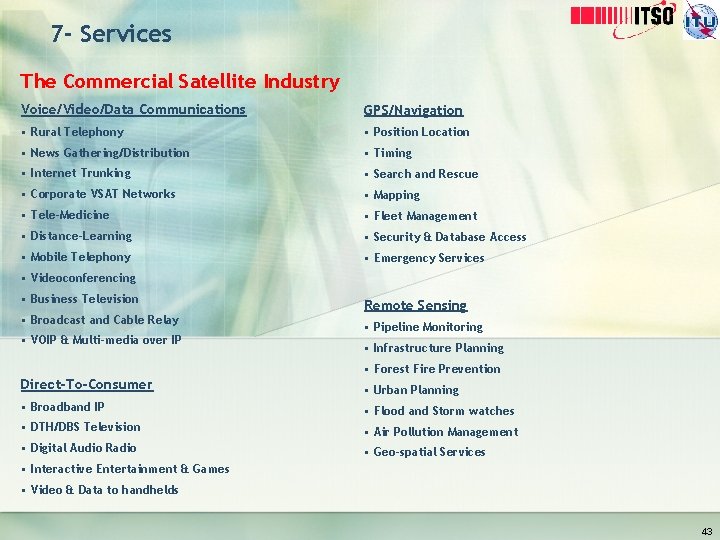7 - Services The Commercial Satellite Industry Voice/Video/Data Communications GPS/Navigation • Rural Telephony •