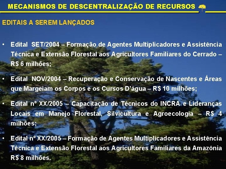 MECANISMOS DE DESCENTRALIZAÇÃO DE RECURSOS EDITAIS A SEREM LANÇADOS • Edital SET/2004 – Formação