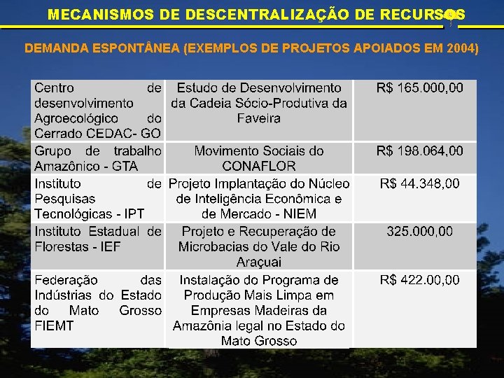 MECANISMOS DE DESCENTRALIZAÇÃO DE RECURSOS DEMANDA ESPONT NEA (EXEMPLOS DE PROJETOS APOIADOS EM 2004)