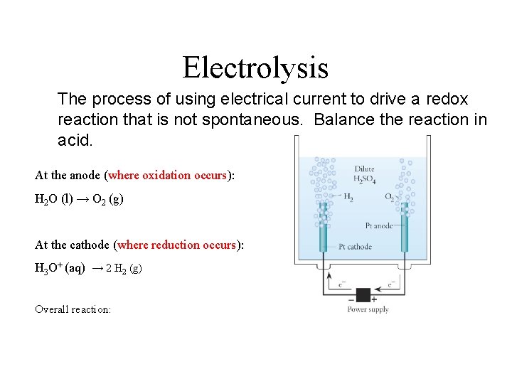 Electrolysis The process of using electrical current to drive a redox reaction that is