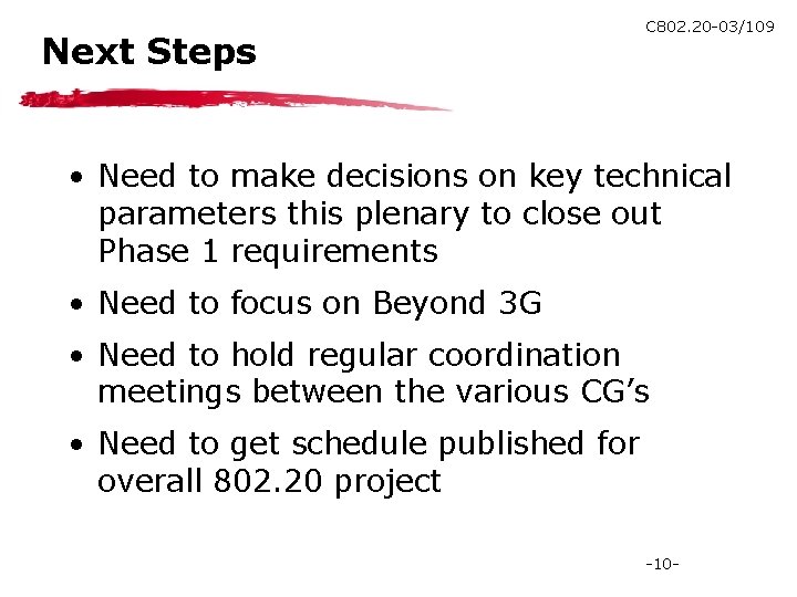 Next Steps C 802. 20 -03/109 • Need to make decisions on key technical