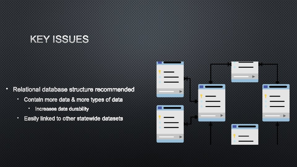 KEY ISSUES • RELATIONAL DATABASE STRUCTURE RECOMMENDED • CONTAIN MORE DATA & MORE TYPES