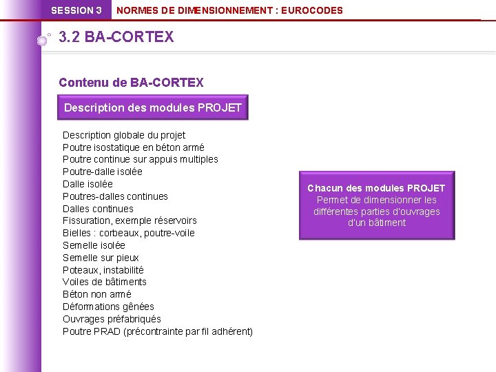 SESSION 3 NORMES DE DIMENSIONNEMENT : EUROCODES 3. 2 BA-CORTEX Contenu de BA-CORTEX Description