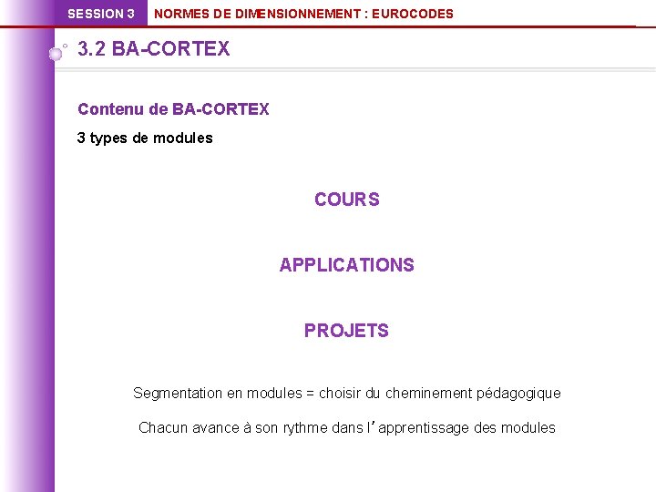 SESSION 3 NORMES DE DIMENSIONNEMENT : EUROCODES 3. 2 BA-CORTEX Contenu de BA-CORTEX 3