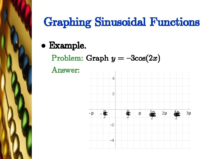 Graphing Sinusoidal Functions l Example. Problem: Graph y = {3 cos(2 x) Answer: 