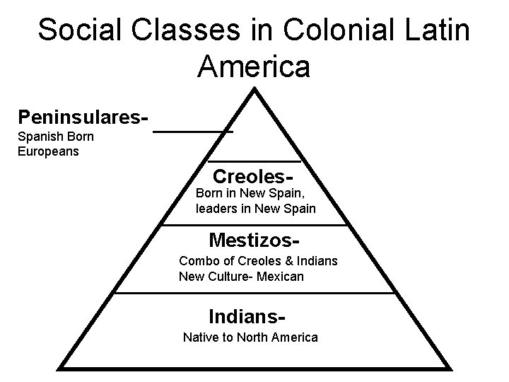 Social Classes in Colonial Latin America Peninsulares. Spanish Born Europeans Creoles- Born in New