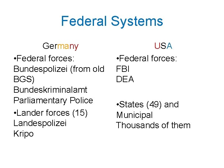 Federal Systems Germany • Federal forces: Bundespolizei (from old BGS) Bundeskriminalamt Parliamentary Police •