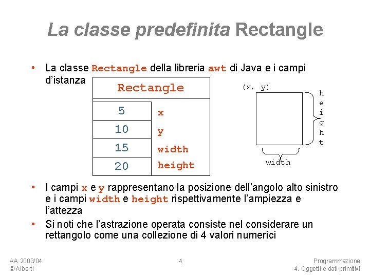 La classe predefinita Rectangle • La classe Rectangle della libreria awt di Java e