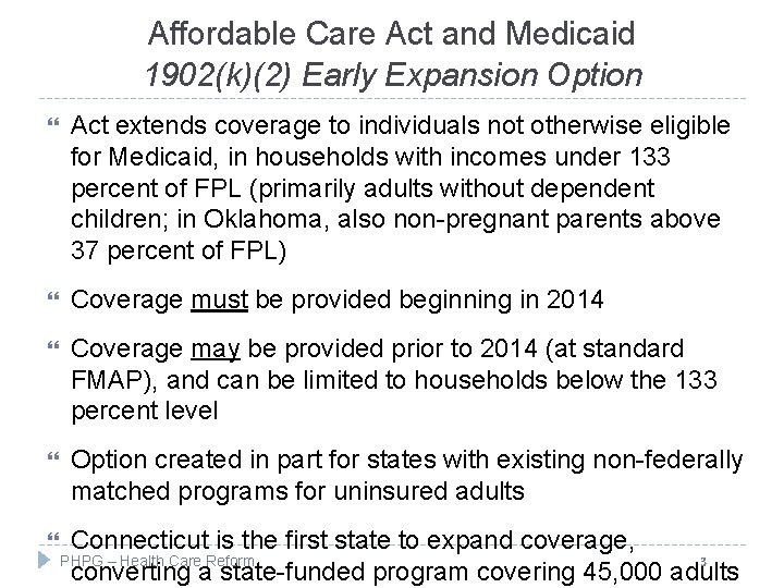 Affordable Care Act and Medicaid 1902(k)(2) Early Expansion Option Act extends coverage to individuals