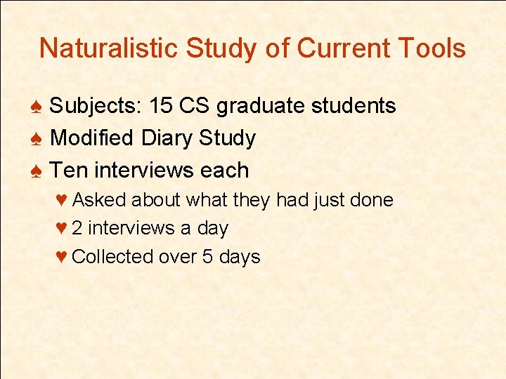 Naturalistic Study of Current Tools ♠ Subjects: 15 CS graduate students ♠ Modified Diary