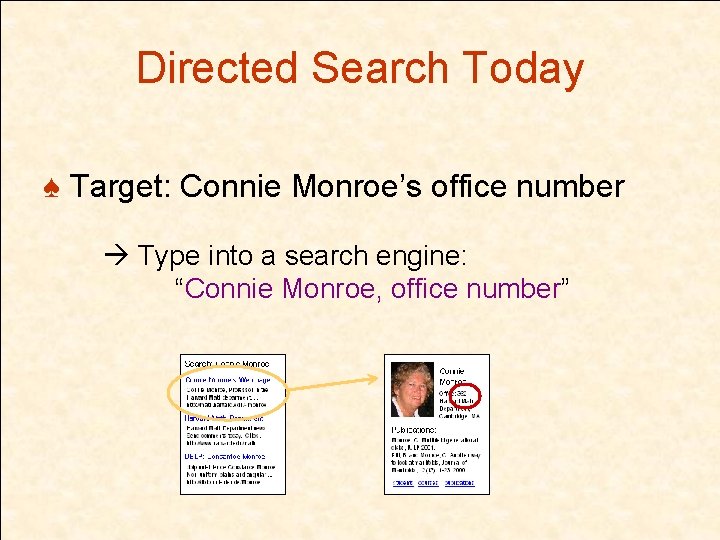 Directed Search Today ♠ Target: Connie Monroe’s office number Type into a search engine: