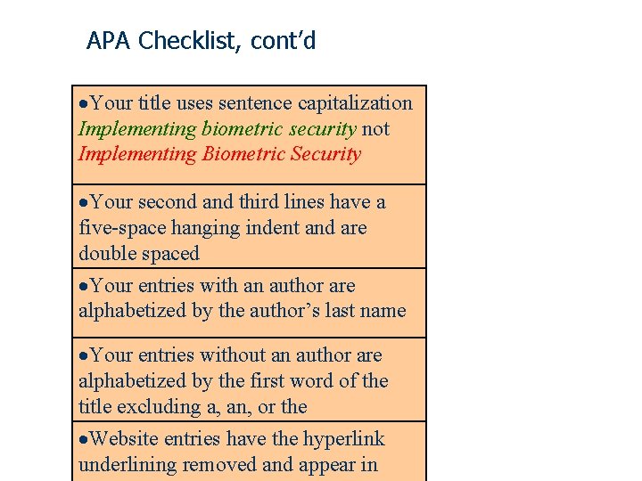APA Checklist, cont’d Your title uses sentence capitalization Implementing biometric security not Implementing Biometric