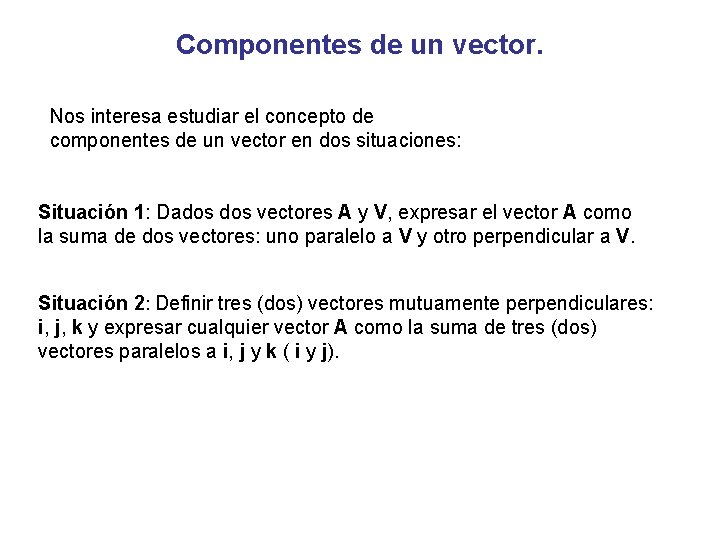 Componentes de un vector. Nos interesa estudiar el concepto de componentes de un vector