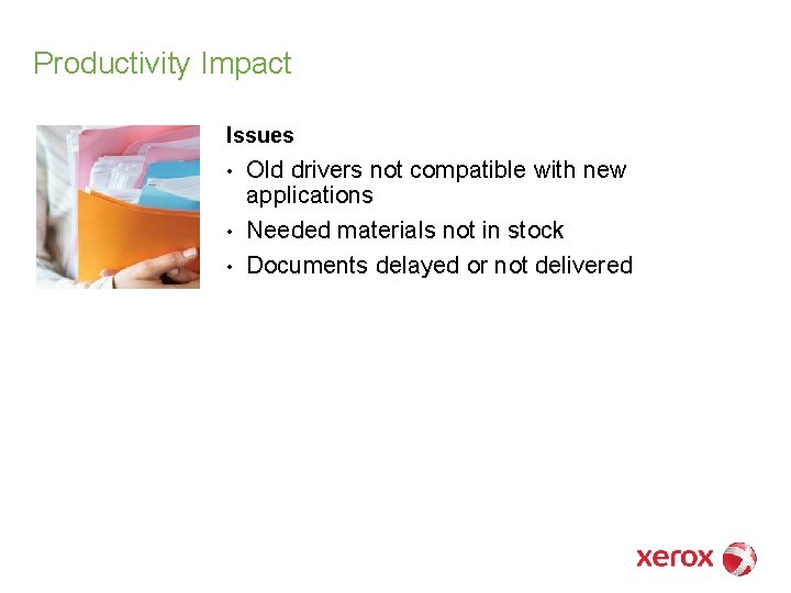 Productivity Impact Issues • • • Old drivers not compatible with new applications Needed