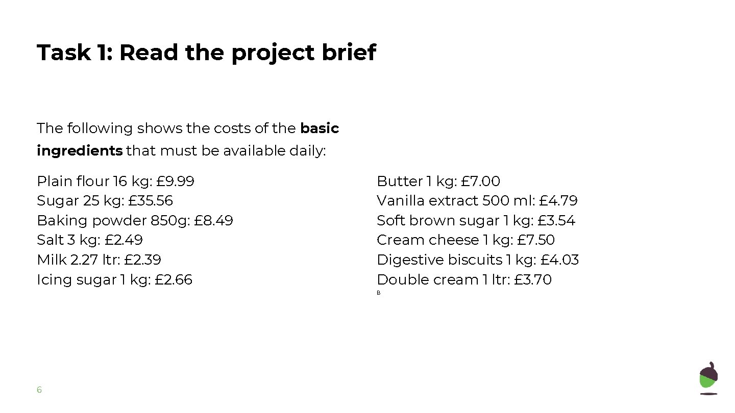Task 1: Read the project brief The following shows the costs of the basic