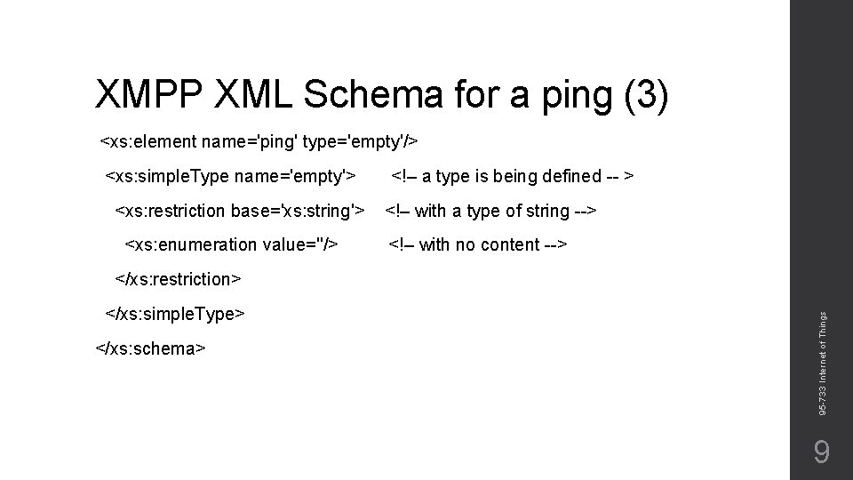 XMPP XML Schema for a ping (3) <xs: element name='ping' type='empty'/> <xs: simple. Type