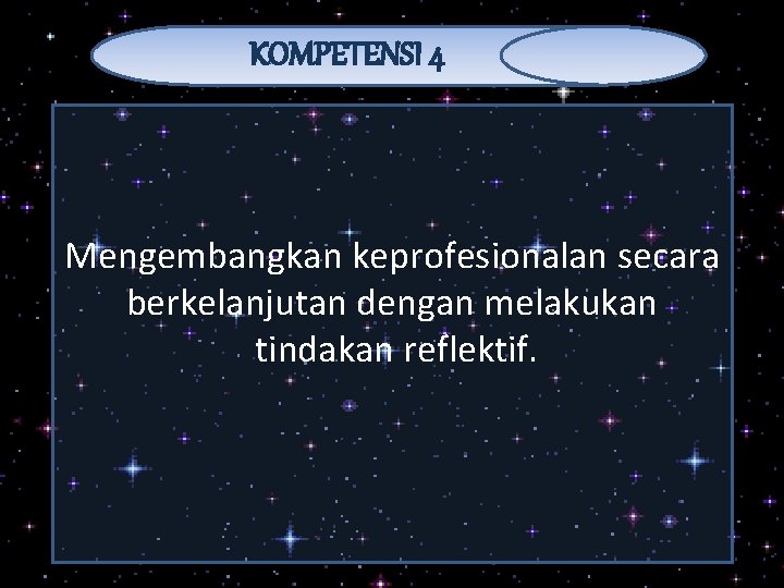 KOMPETENSI 4 Mengembangkan keprofesionalan secara berkelanjutan dengan melakukan tindakan reflektif. 