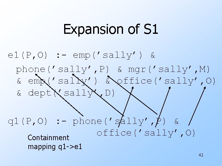 Expansion of S 1 e 1(P, O) : - emp(’sally’) & phone(’sally’, P) &