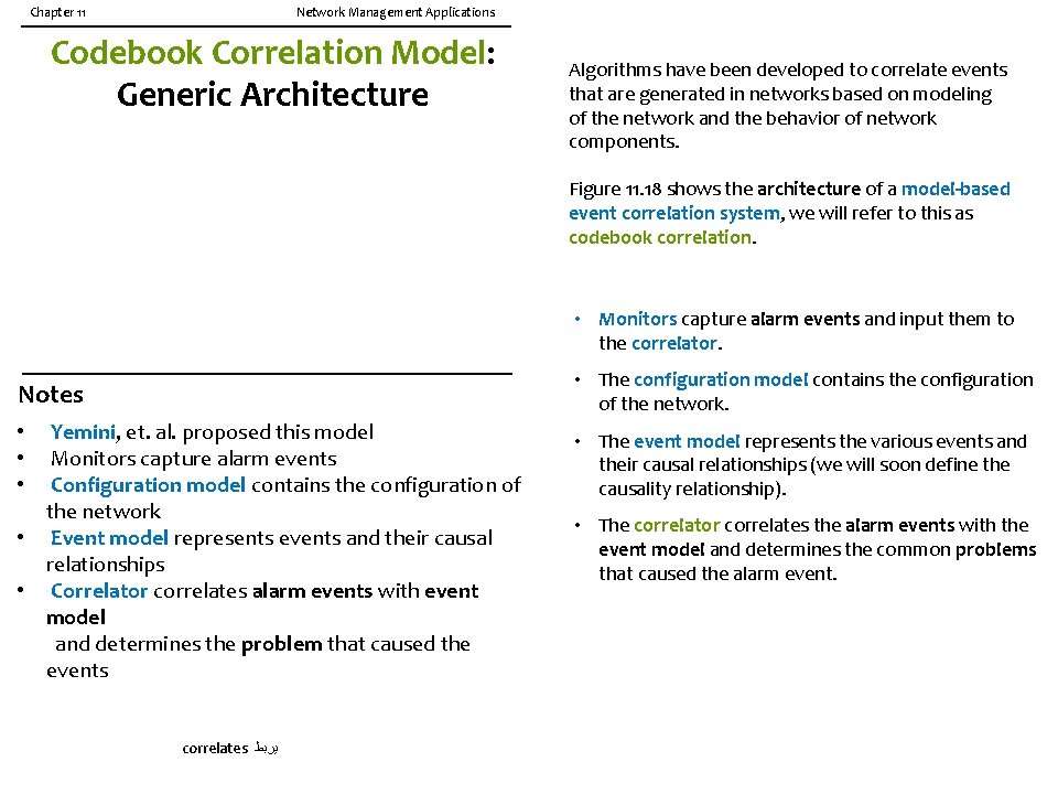 Chapter 11 Network Management Applications Codebook Correlation Model: Generic Architecture Algorithms have been developed