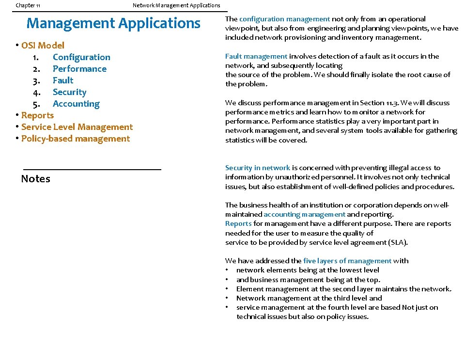 Chapter 11 Network Management Applications • OSI Model 1. Configuration 2. Performance 3. Fault