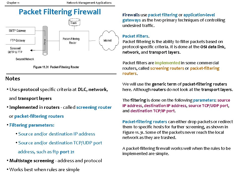 Chapter 11 Network Management Applications Packet Filtering Firewalls use packet filtering or application-level gateways