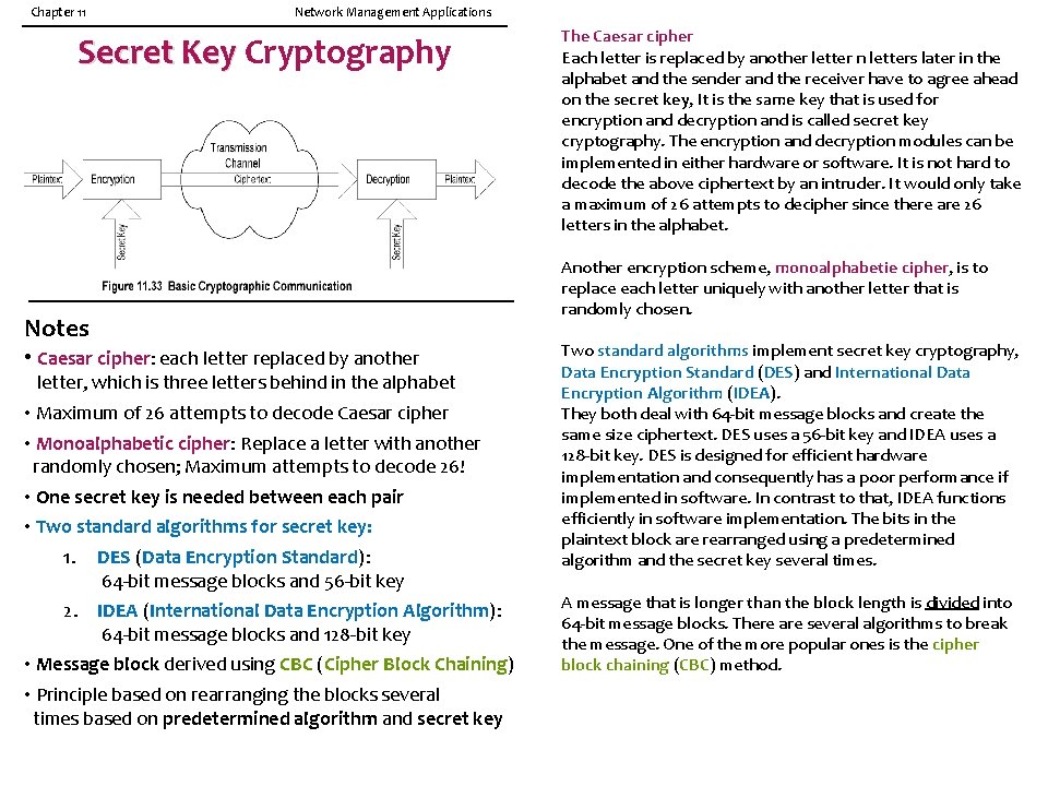 Chapter 11 Network Management Applications Secret Key Cryptography Notes • Caesar cipher: each letter